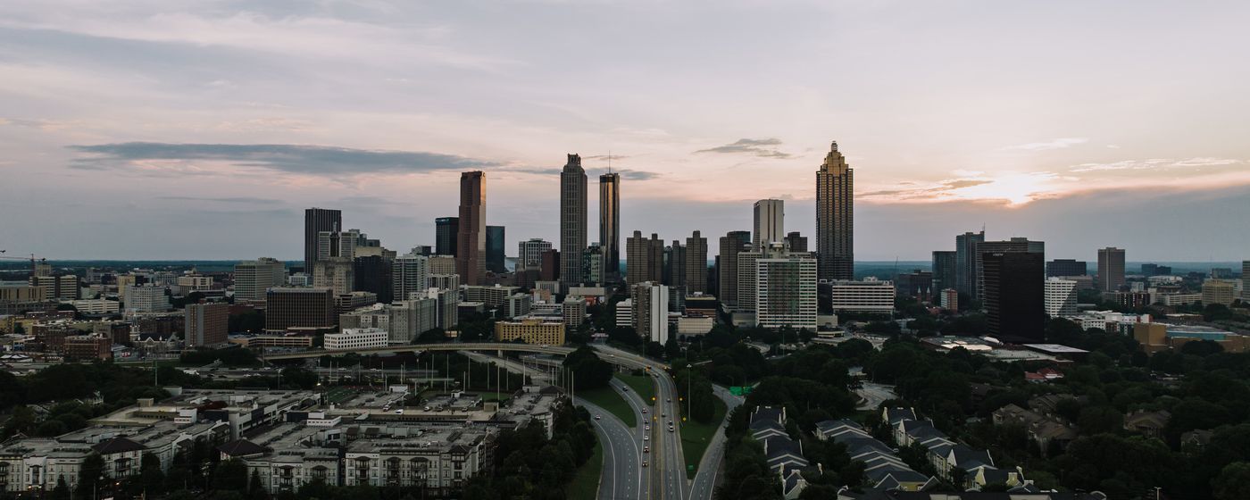 An aerial view of the Atlanta skyline at dusk