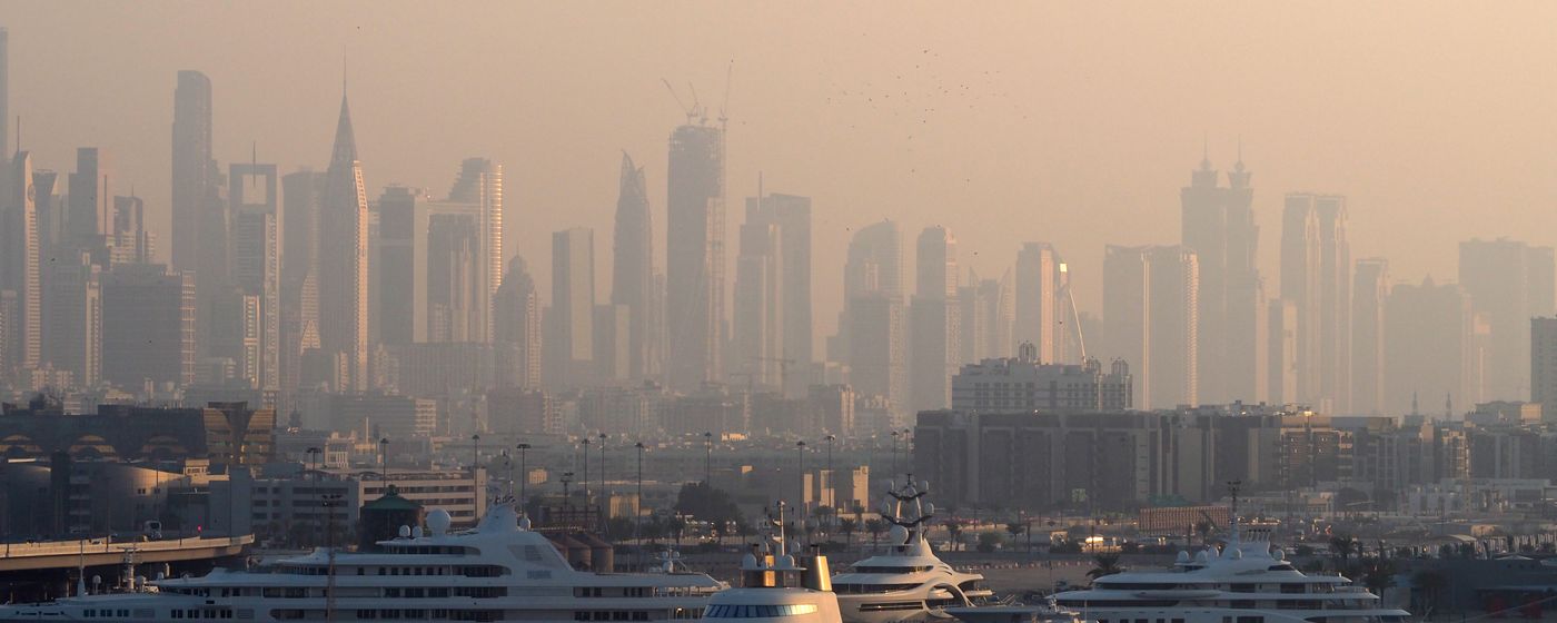 Dubai Marina and the surrounding skyline in morning light