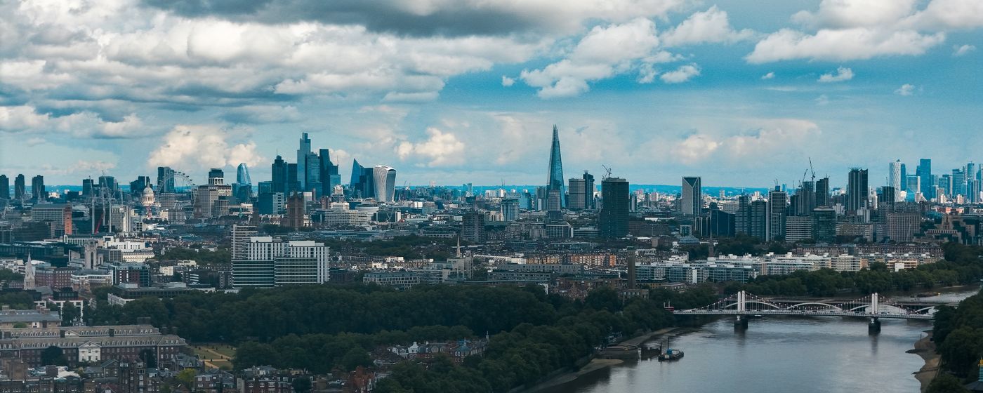 A wide view of the London skyline and the River Thames