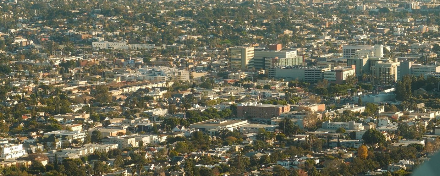 A panoramic view of the Los Angeles skyline in daylight