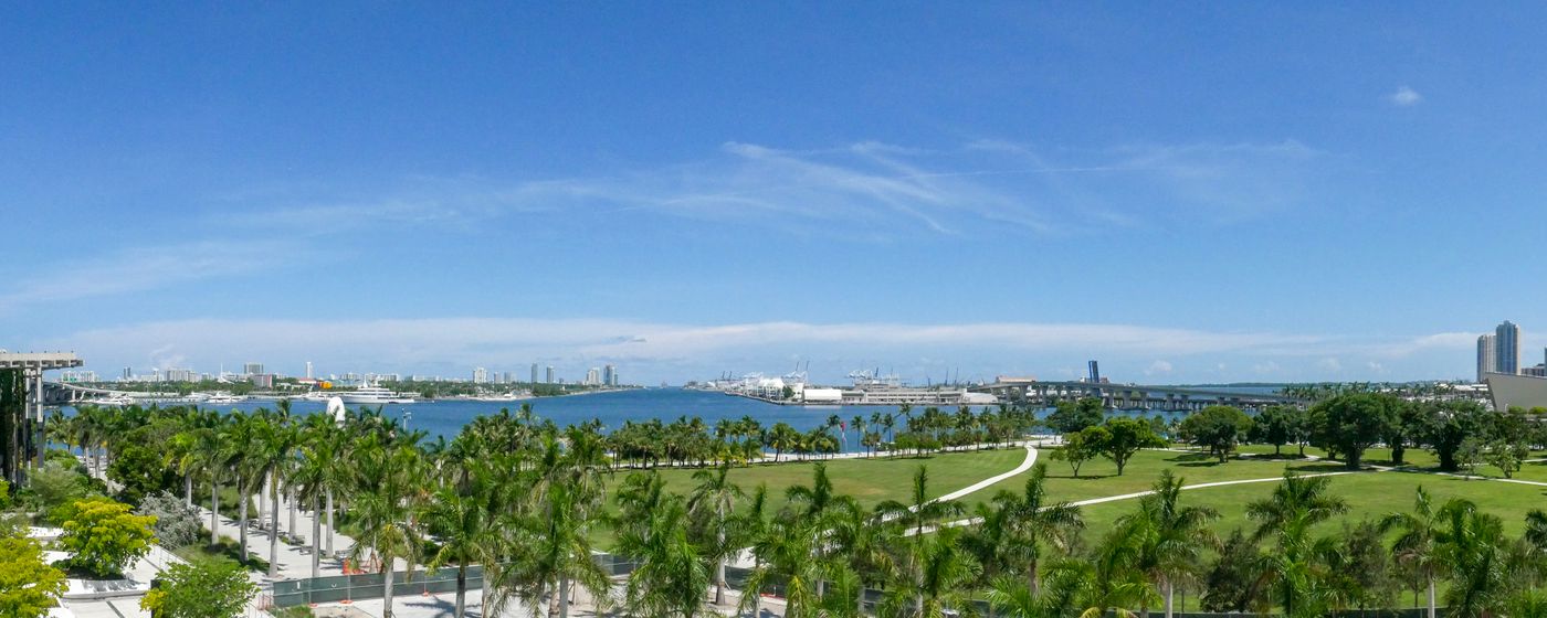 A panoramic view of the Miami skyline and surrounding parks