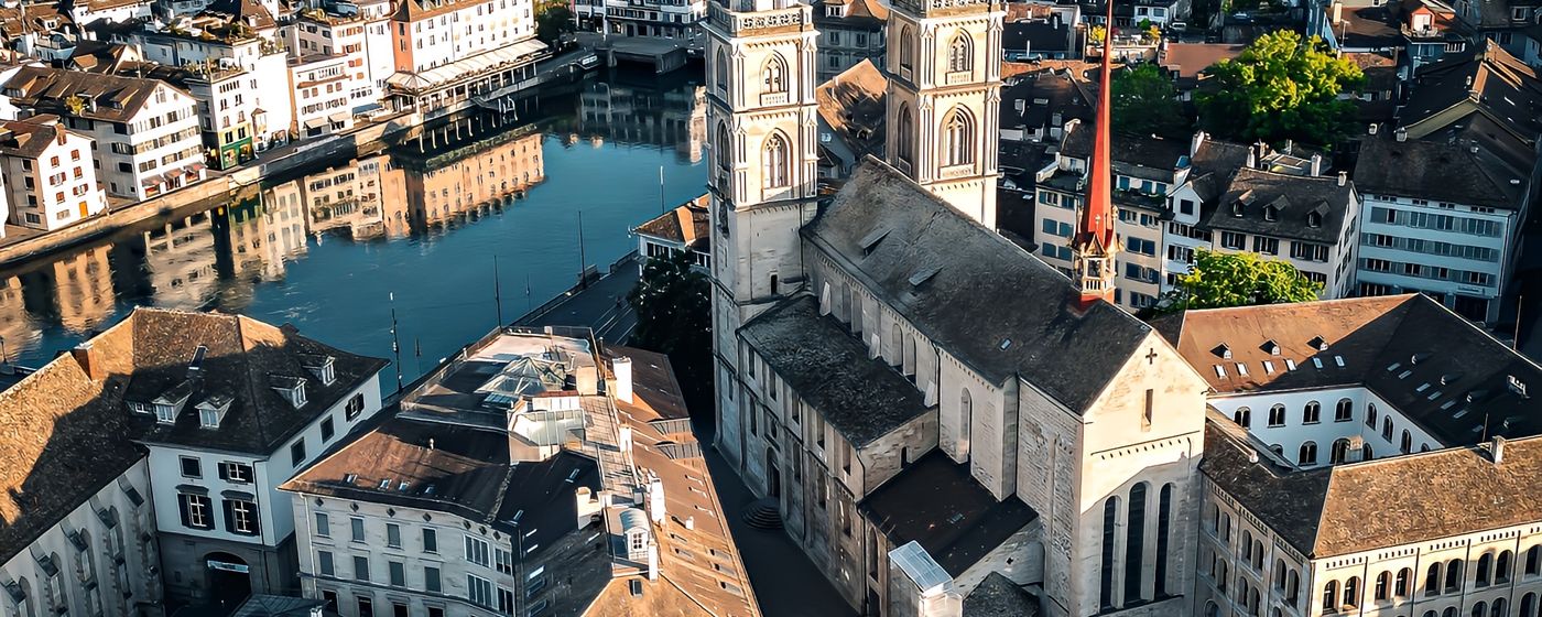 An aerial view of Zurich with the Grossmunster